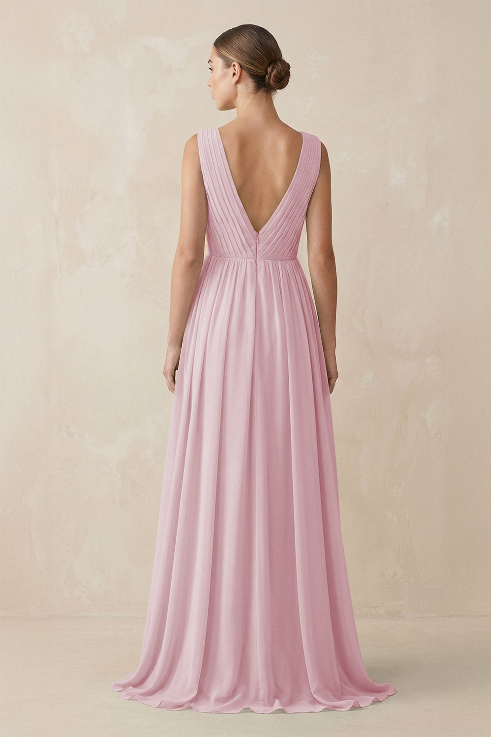 Deep V - Neck Pleated A - Line Chiffon Bridesmaid Dress in Candy Pink - KissProm Bridesmaid Dresses
