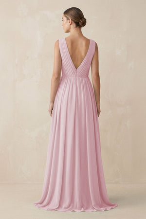 Deep V - Neck Pleated A - Line Chiffon Bridesmaid Dress in Candy Pink - KissProm Bridesmaid Dresses
