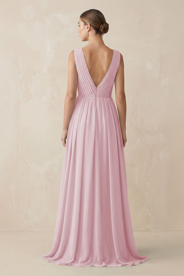 Deep V - Neck Pleated A - Line Chiffon Bridesmaid Dress in Candy Pink - KissProm Bridesmaid Dresses