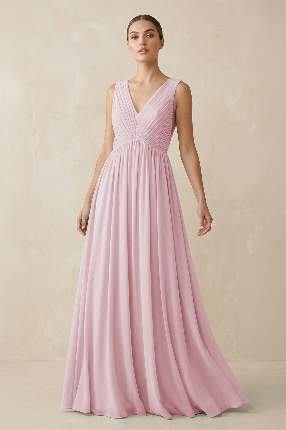 Deep V - Neck Pleated A - Line Chiffon Bridesmaid Dress in Candy Pink - KissProm Bridesmaid Dresses