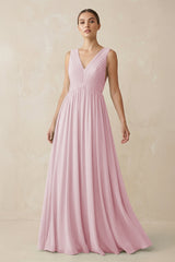 Deep V - Neck Pleated A - Line Chiffon Bridesmaid Dress in Candy Pink - KissProm Bridesmaid Dresses