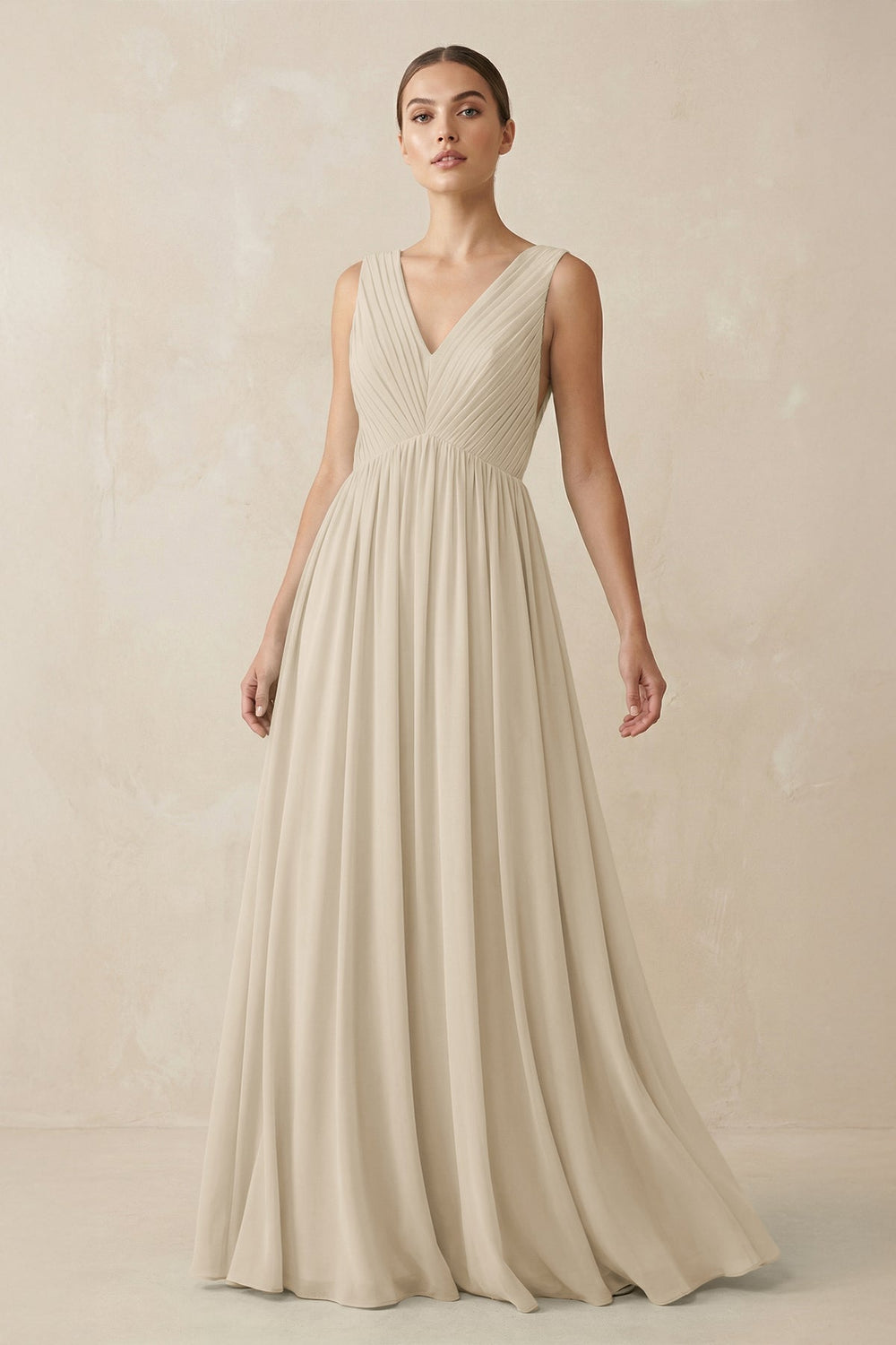 Deep V - Neck Pleated A - Line Chiffon Bridesmaid Dress in Champagne - KissProm Bridesmaid Dresses