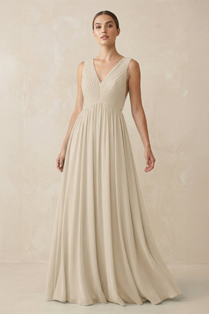 Deep V - Neck Pleated A - Line Chiffon Bridesmaid Dress in Champagne - KissProm Bridesmaid Dresses
