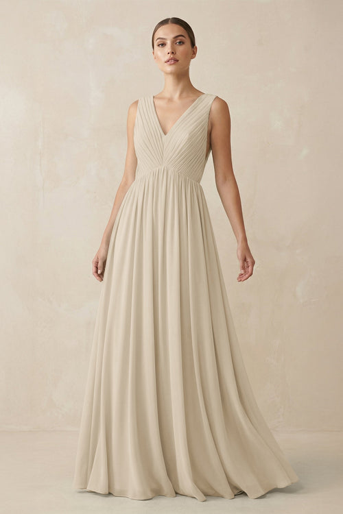 Deep V - Neck Pleated A - Line Chiffon Bridesmaid Dress in Champagne - KissProm Bridesmaid Dresses