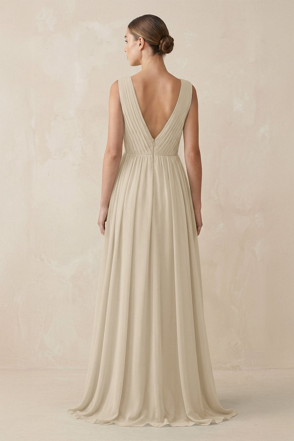 Deep V - Neck Pleated A - Line Chiffon Bridesmaid Dress in Champagne - KissProm Bridesmaid Dresses