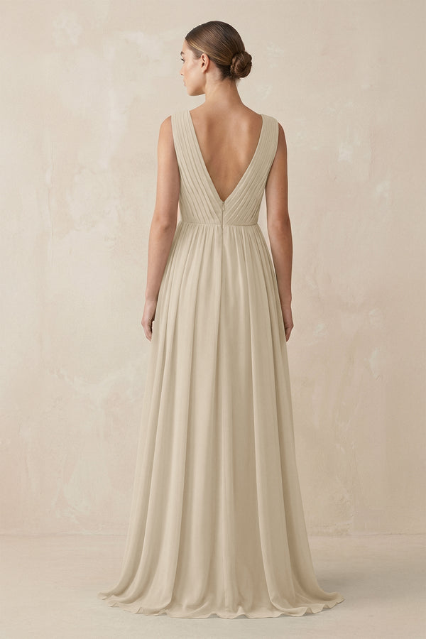 Deep V - Neck Pleated A - Line Chiffon Bridesmaid Dress in Champagne - KissProm Bridesmaid Dresses