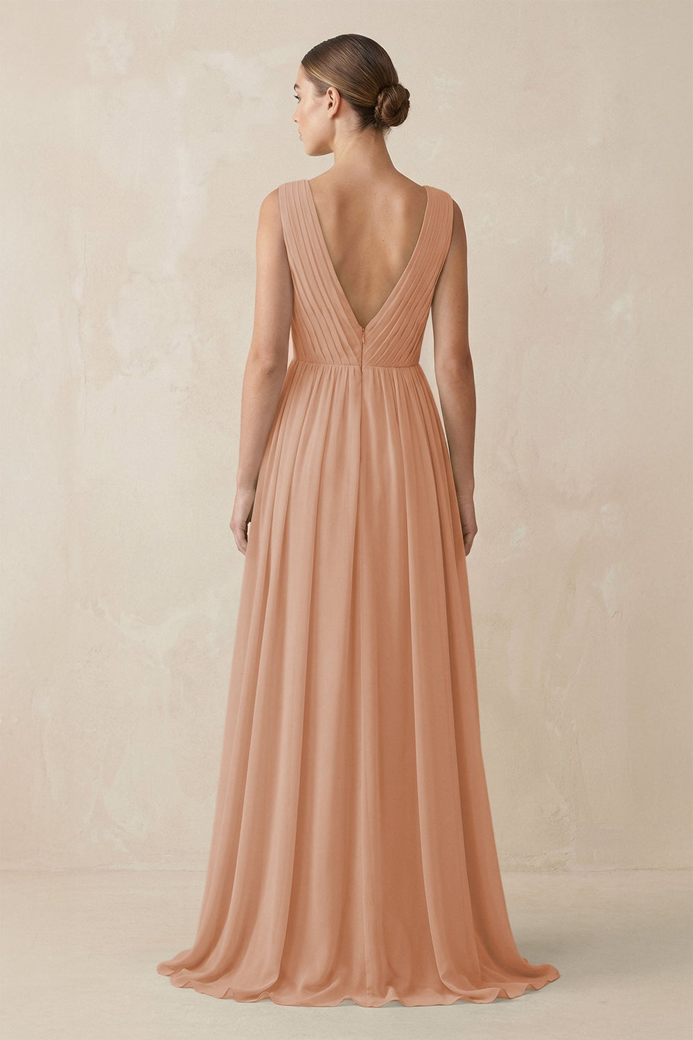 Deep V - Neck Pleated A - Line Chiffon Bridesmaid Dress in Champagne Rose - KissProm Bridesmaid Dresses
