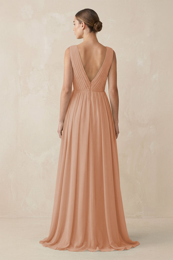 Deep V - Neck Pleated A - Line Chiffon Bridesmaid Dress in Champagne Rose - KissProm Bridesmaid Dresses