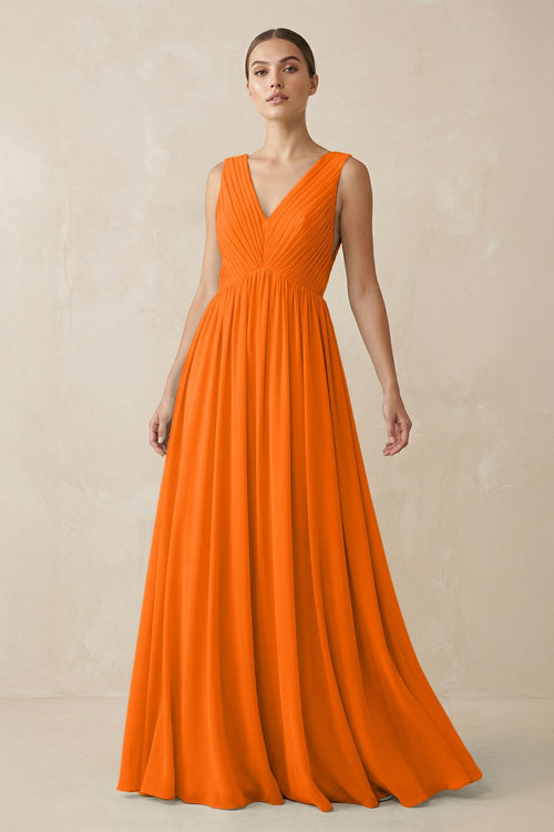 Deep V - Neck Pleated A - Line Chiffon Bridesmaid Dress in Cinnamon - KissProm Bridesmaid Dresses
