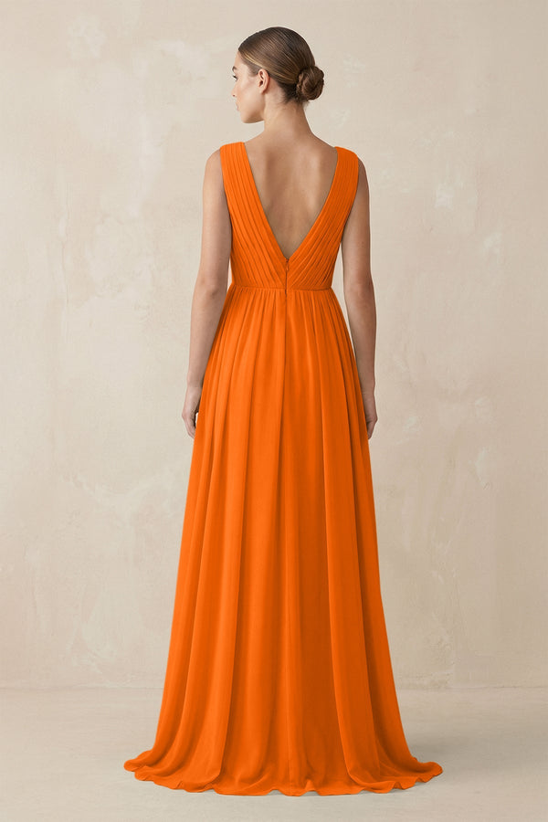 Deep V - Neck Pleated A - Line Chiffon Bridesmaid Dress in Cinnamon - KissProm Bridesmaid Dresses