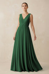 Deep V - Neck Pleated A - Line Chiffon Bridesmaid Dress in Dark Green - KissProm Bridesmaid Dresses