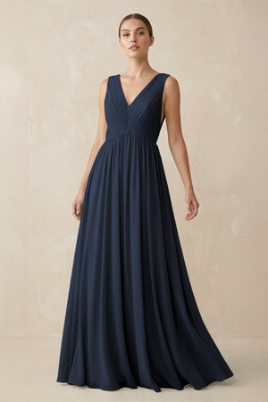 Deep V - Neck Pleated A - Line Chiffon Bridesmaid Dress in Dark Navy - KissProm Bridesmaid Dresses