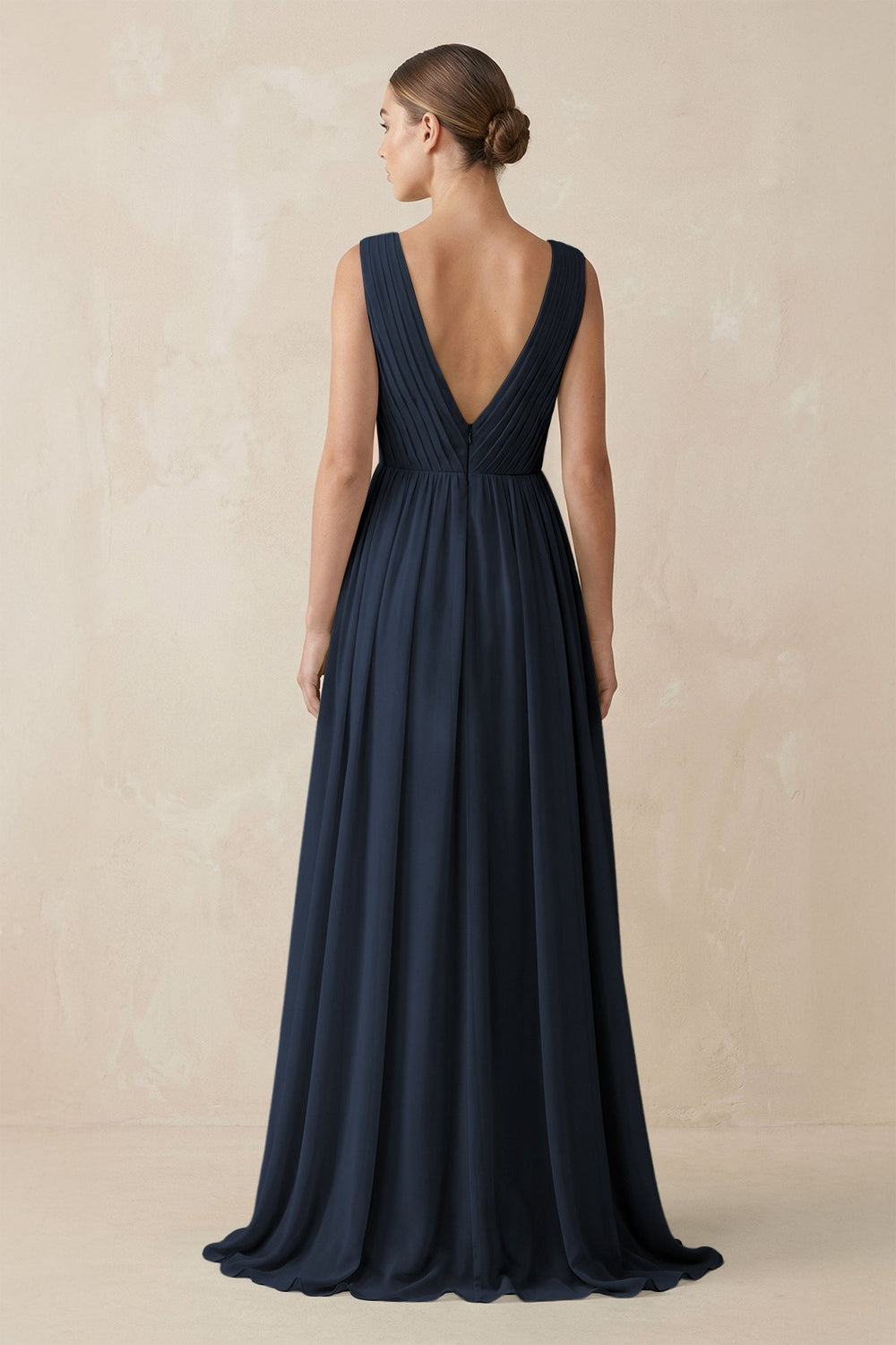 Deep V - Neck Pleated A - Line Chiffon Bridesmaid Dress in Dark Navy - KissProm Bridesmaid Dresses