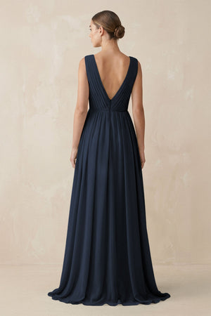 Deep V - Neck Pleated A - Line Chiffon Bridesmaid Dress in Dark Navy - KissProm Bridesmaid Dresses