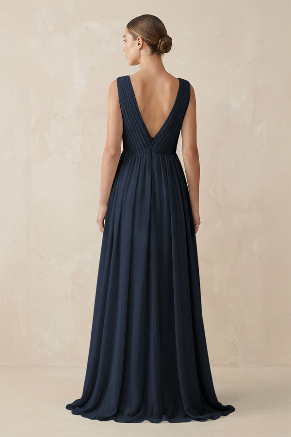 Deep V - Neck Pleated A - Line Chiffon Bridesmaid Dress in Dark Navy - KissProm Bridesmaid Dresses