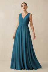 Deep V - Neck Pleated A - Line Chiffon Bridesmaid Dress in Dark Teal - KissProm Bridesmaid Dresses
