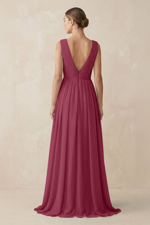 Deep V - Neck Pleated A - Line Chiffon Bridesmaid Dress in Desert Rose - KissProm Bridesmaid Dresses