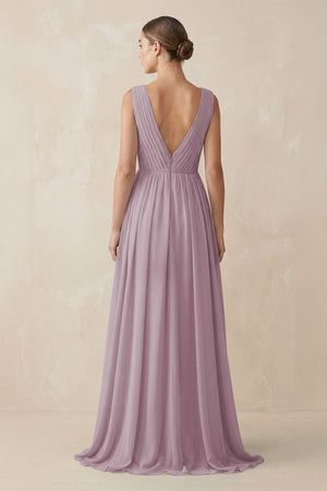 Deep V - Neck Pleated A - Line Chiffon Bridesmaid Dress in Dusk - KissProm Bridesmaid Dresses