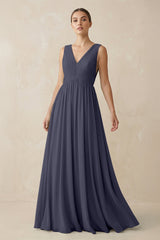 Deep V - Neck Pleated A - Line Chiffon Bridesmaid Dress in Dusk Blue - KissProm Bridesmaid Dresses