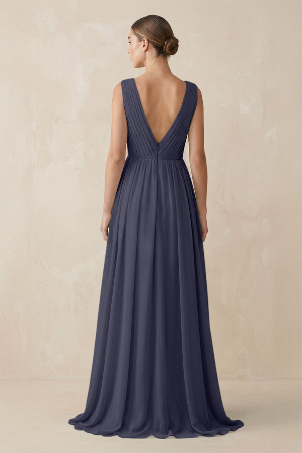 KissProm V-Neck Pleated A-Line Chiffon Bridesmaid Dress in Dusk Blue, Dusk Blue / 18