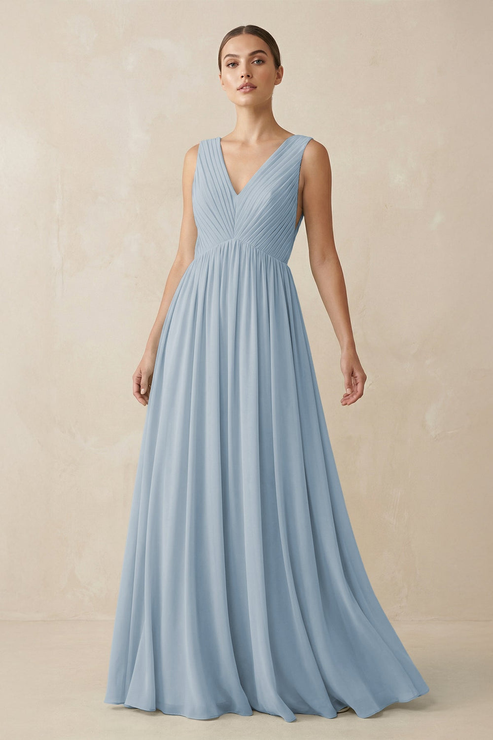 Deep V - Neck Pleated A - Line Chiffon Bridesmaid Dress in Dusty Blue - KissProm Bridesmaid Dresses