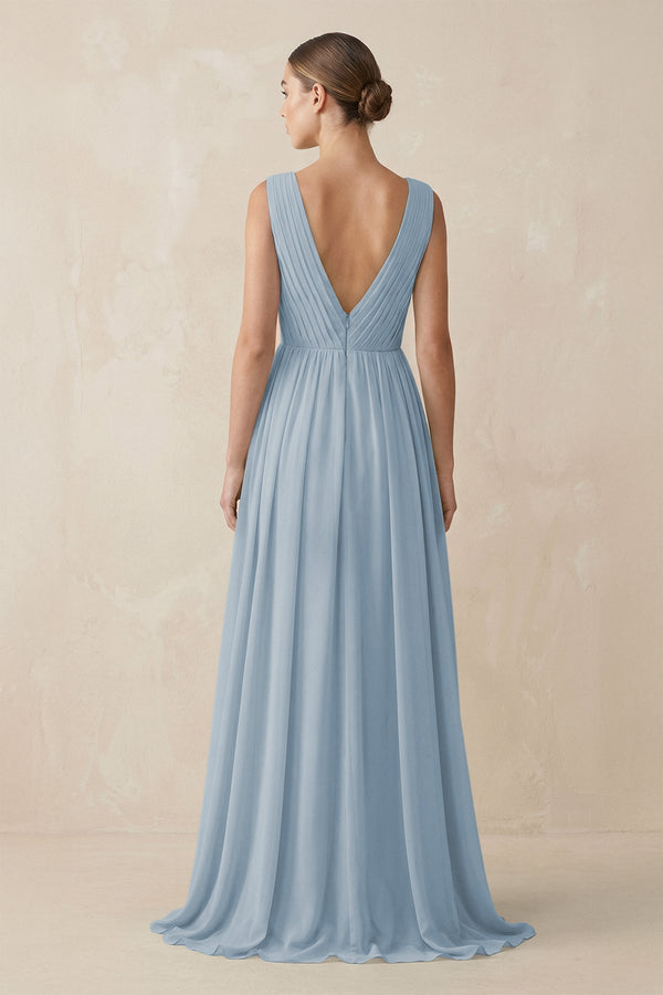 Deep V - Neck Pleated A - Line Chiffon Bridesmaid Dress in Dusty Blue - KissProm Bridesmaid Dresses
