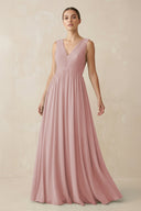 Deep V - Neck Pleated A - Line Chiffon Bridesmaid Dress in Dusty Rose - KissProm Bridesmaid Dresses