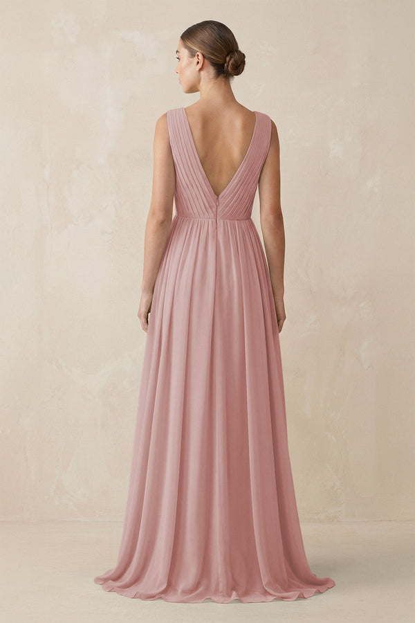 Deep V - Neck Pleated A - Line Chiffon Bridesmaid Dress in Dusty Rose - KissProm Bridesmaid Dresses