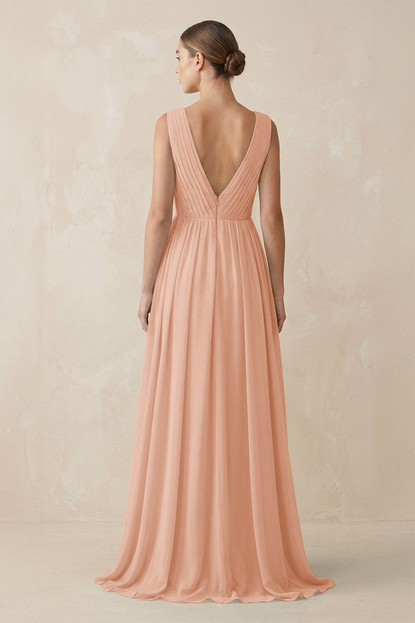 Deep V - Neck Pleated A - Line Chiffon Bridesmaid Dress in English Rose - KissProm Bridesmaid Dresses