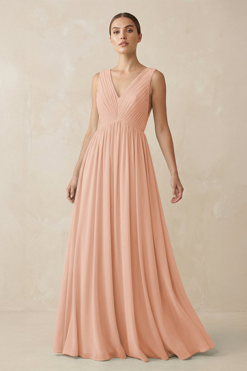 Deep V - Neck Pleated A - Line Chiffon Bridesmaid Dress in English Rose - KissProm Bridesmaid Dresses