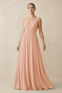 Deep V - Neck Pleated A - Line Chiffon Bridesmaid Dress in English Rose - KissProm Bridesmaid Dresses