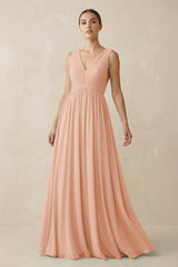 Deep V - Neck Pleated A - Line Chiffon Bridesmaid Dress in English Rose - KissProm Bridesmaid Dresses