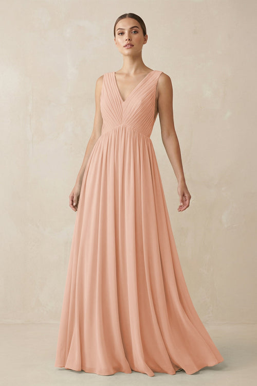 Deep V - Neck Pleated A - Line Chiffon Bridesmaid Dress in English Rose - KissProm Bridesmaid Dresses