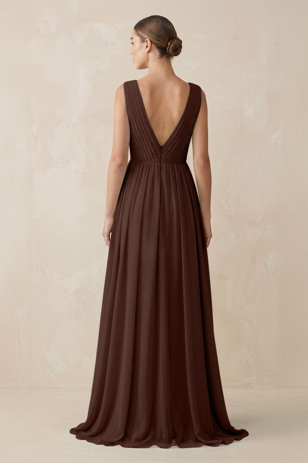Deep V - Neck Pleated A - Line Chiffon Bridesmaid Dress in Espresso - KissProm Bridesmaid Dresses