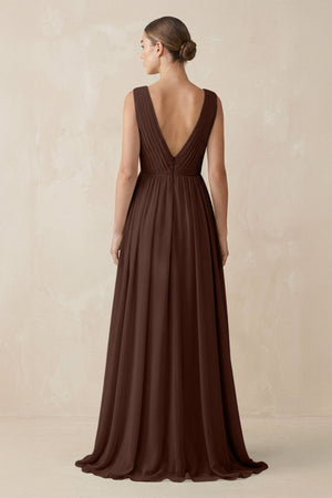 Deep V - Neck Pleated A - Line Chiffon Bridesmaid Dress in Espresso - KissProm Bridesmaid Dresses