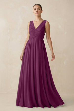 Deep V - Neck Pleated A - Line Chiffon Bridesmaid Dress in Fig - KissProm Bridesmaid Dresses