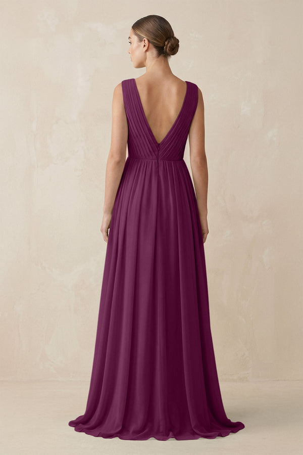 KissProm V-Neck Pleated A-Line Chiffon Bridesmaid Dress in Fig, Fig / 22