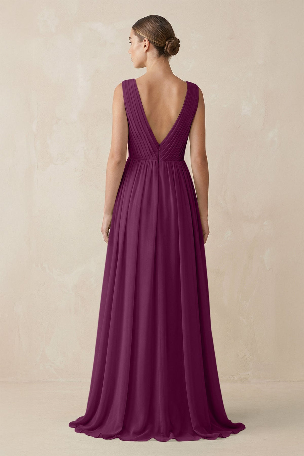 Deep V - Neck Pleated A - Line Chiffon Bridesmaid Dress in Fig - KissProm Bridesmaid Dresses