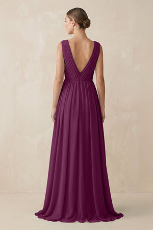 Deep V - Neck Pleated A - Line Chiffon Bridesmaid Dress in Fig - KissProm Bridesmaid Dresses