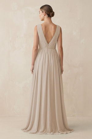 Deep V - Neck Pleated A - Line Chiffon Bridesmaid Dress in Frost - KissProm Bridesmaid Dresses