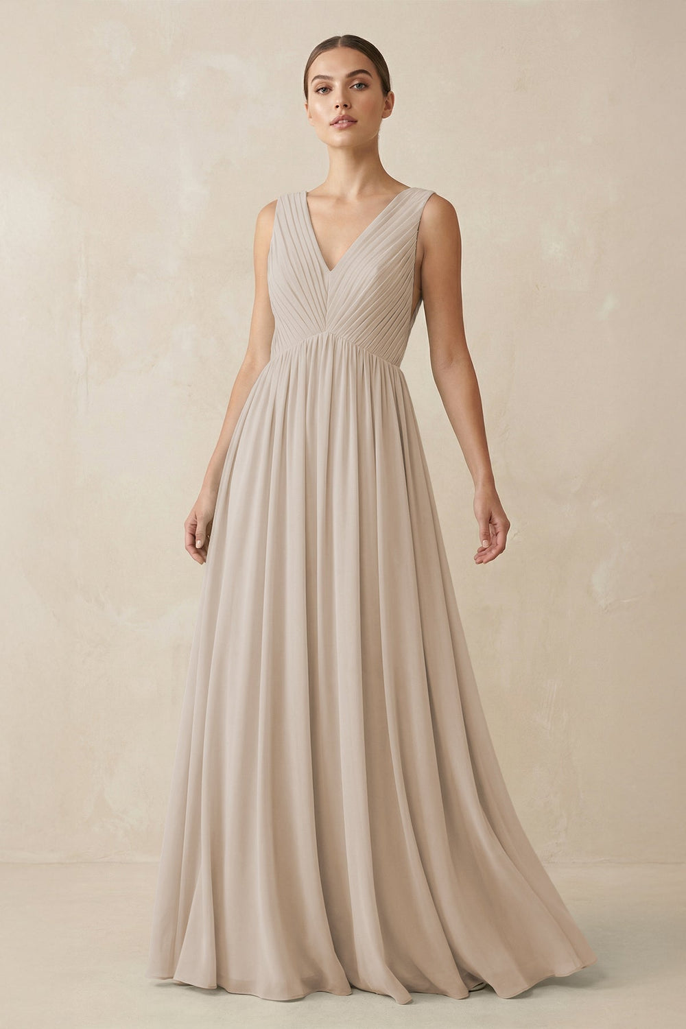 Deep V - Neck Pleated A - Line Chiffon Bridesmaid Dress in Frost - KissProm Bridesmaid Dresses