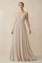 Deep V - Neck Pleated A - Line Chiffon Bridesmaid Dress in Frost - KissProm Bridesmaid Dresses
