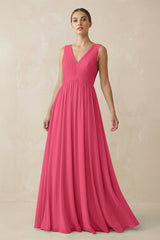 Deep V - Neck Pleated A - Line Chiffon Bridesmaid Dress in Fuchsia - KissProm Bridesmaid Dresses