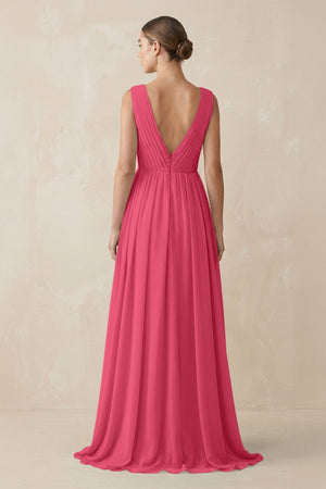 Deep V - Neck Pleated A - Line Chiffon Bridesmaid Dress in Fuchsia - KissProm Bridesmaid Dresses