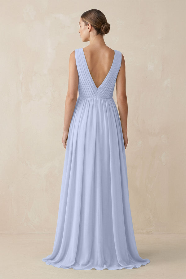 Deep V - Neck Pleated A - Line Chiffon Bridesmaid Dress in Ice - KissProm Bridesmaid Dresses