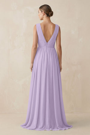 Deep V - Neck Pleated A - Line Chiffon Bridesmaid Dress in Lavender - KissProm Bridesmaid Dresses
