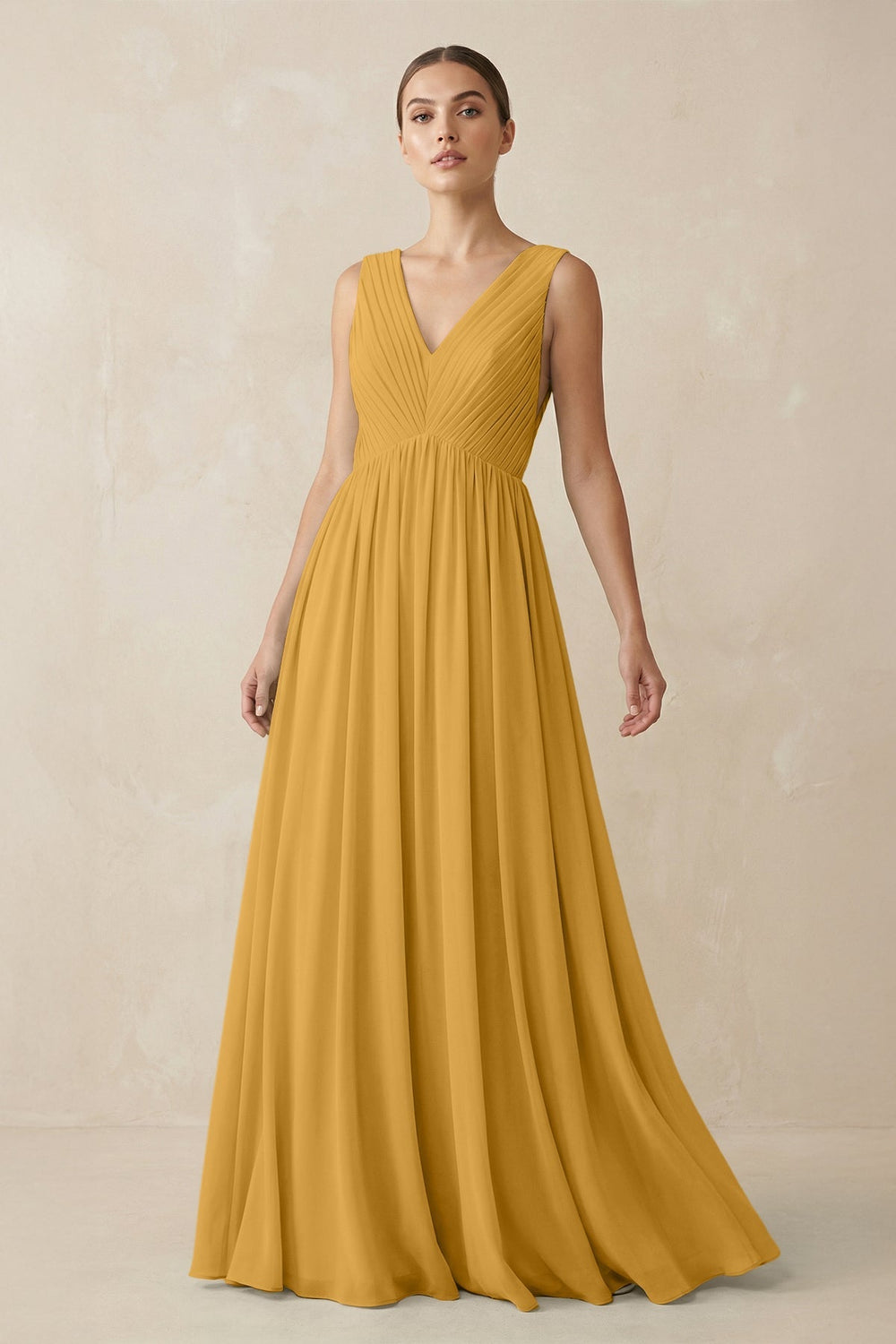 Deep V - Neck Pleated A - Line Chiffon Bridesmaid Dress in Marigold - KissProm Bridesmaid Dresses