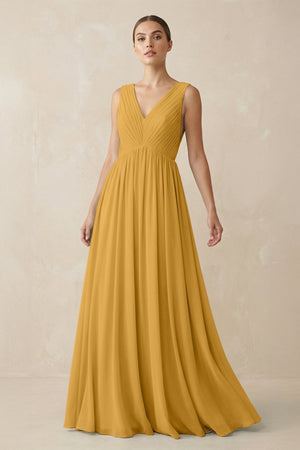Deep V - Neck Pleated A - Line Chiffon Bridesmaid Dress in Marigold - KissProm Bridesmaid Dresses