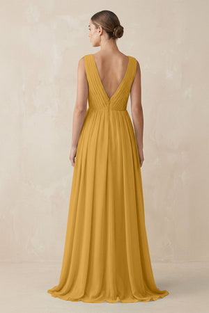 Deep V - Neck Pleated A - Line Chiffon Bridesmaid Dress in Marigold - KissProm Bridesmaid Dresses