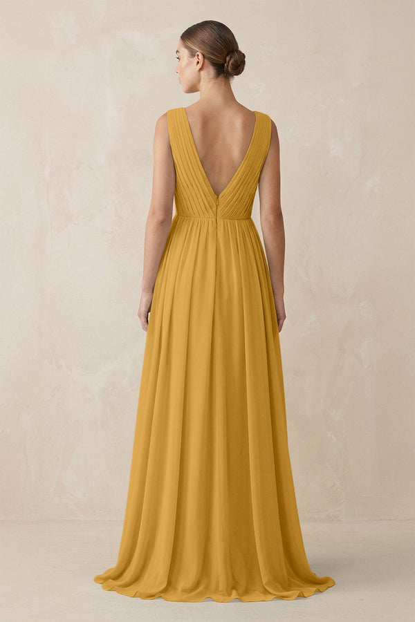 Deep V - Neck Pleated A - Line Chiffon Bridesmaid Dress in Marigold - KissProm Bridesmaid Dresses